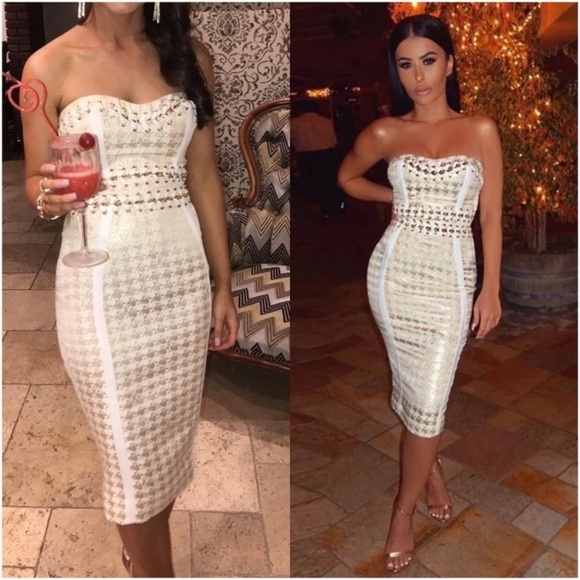 New !!!! RARE Dominica Gold & Cream Dogtooth Strapless Dress!